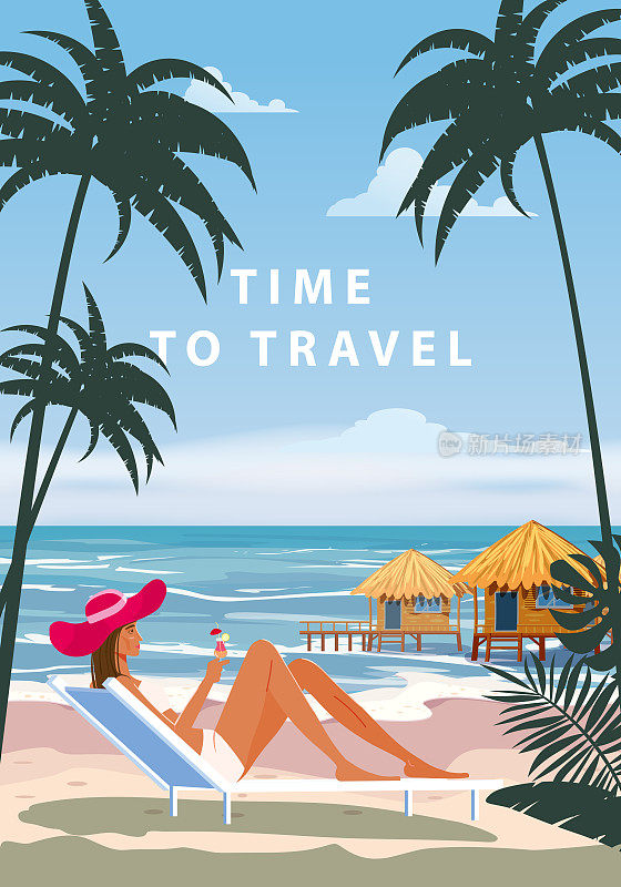 女人躺椅与鸡尾酒杯在红色帽子在海滩，海岸热带度假村，棕榈树，海洋。复古海报Time To Travel